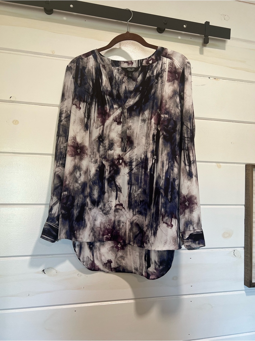 Women’s Watercolor Floral V-Neck Long Sleeve Blouse - Purple/Blue